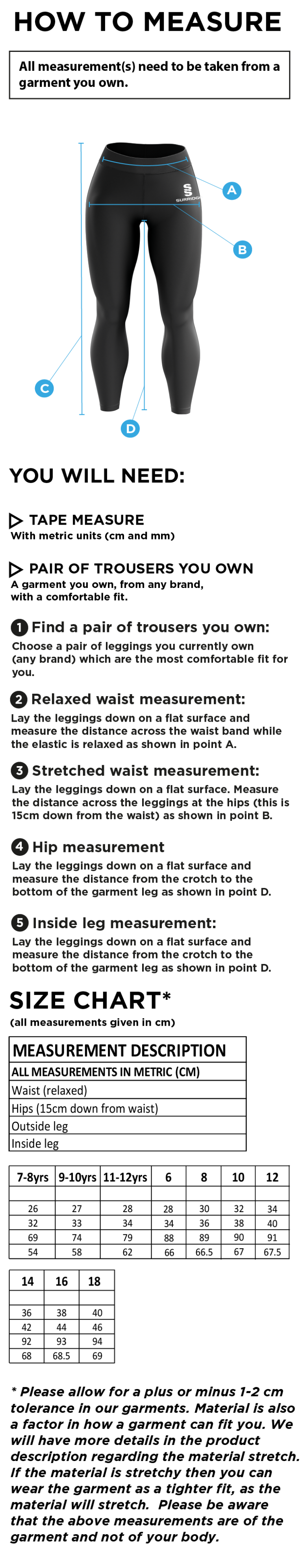 Gloucester Ladies Netball Full Length Leggings - Size Guide