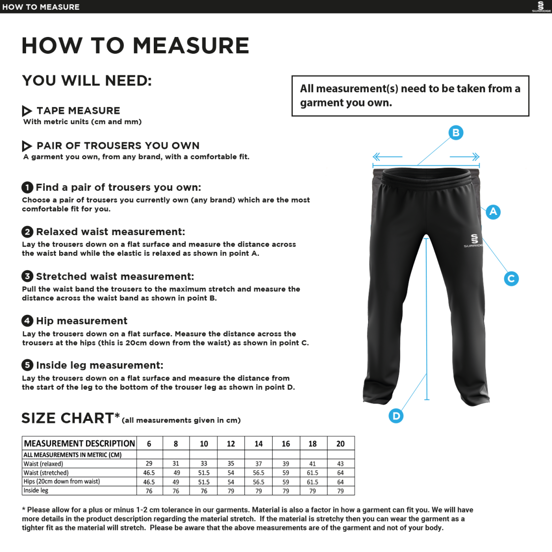 Gloucester Ladies Netball Poplin Track Pant - Size Guide