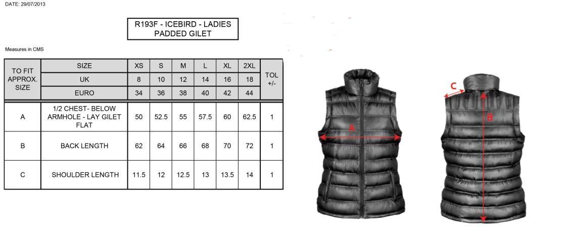 Gloucester Ladies Netball Padded Gilet - Size Guide