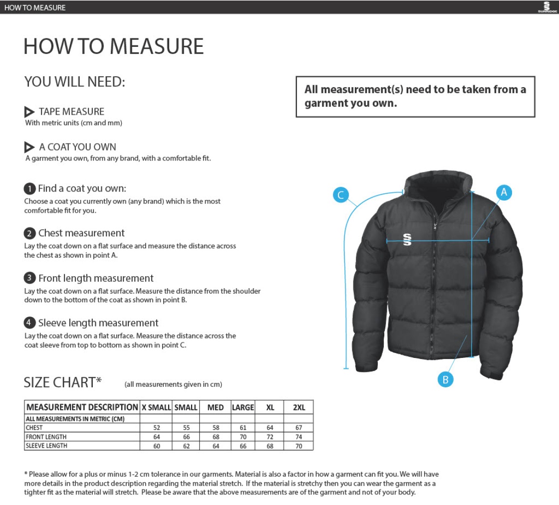 Gloucester Ladies Netball Holkham Down Feel Jacket - Size Guide