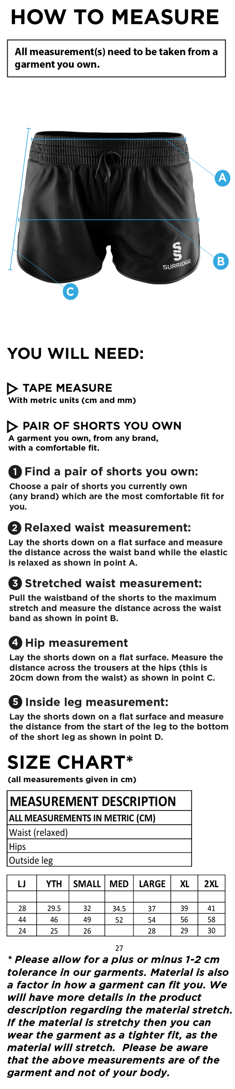 Gloucester Ladies Netball Active Short - Size Guide