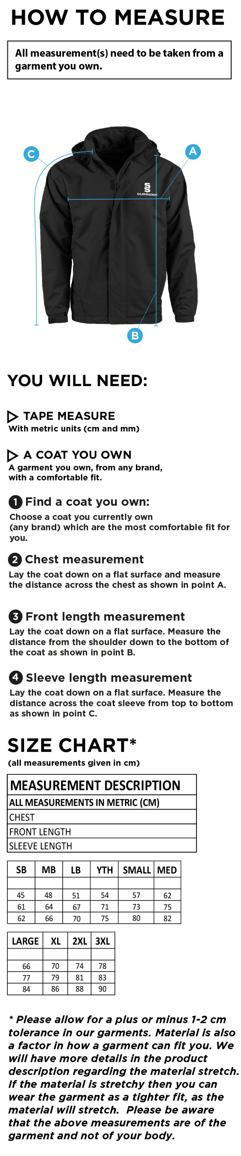 Gloucester Ladies Netball Fleece Lined Jacket - Size Guide