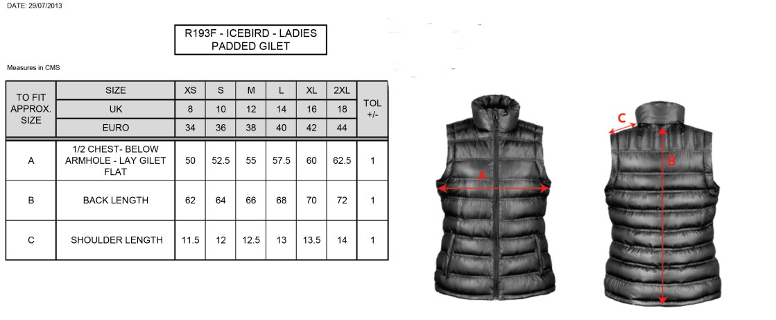 Gloucester Ladies Netball Padded Gilet - Size Guide
