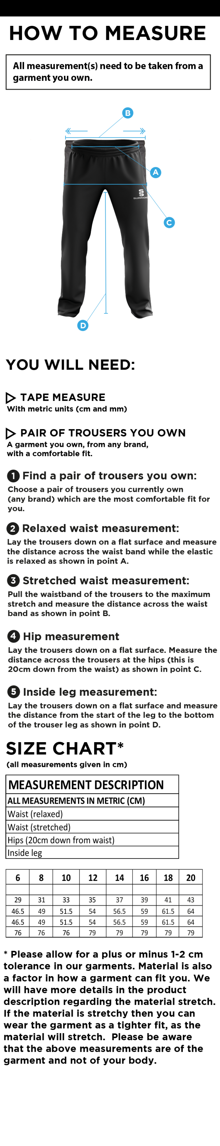 Gloucester Ladies Netball Poplin Track Pant - Size Guide