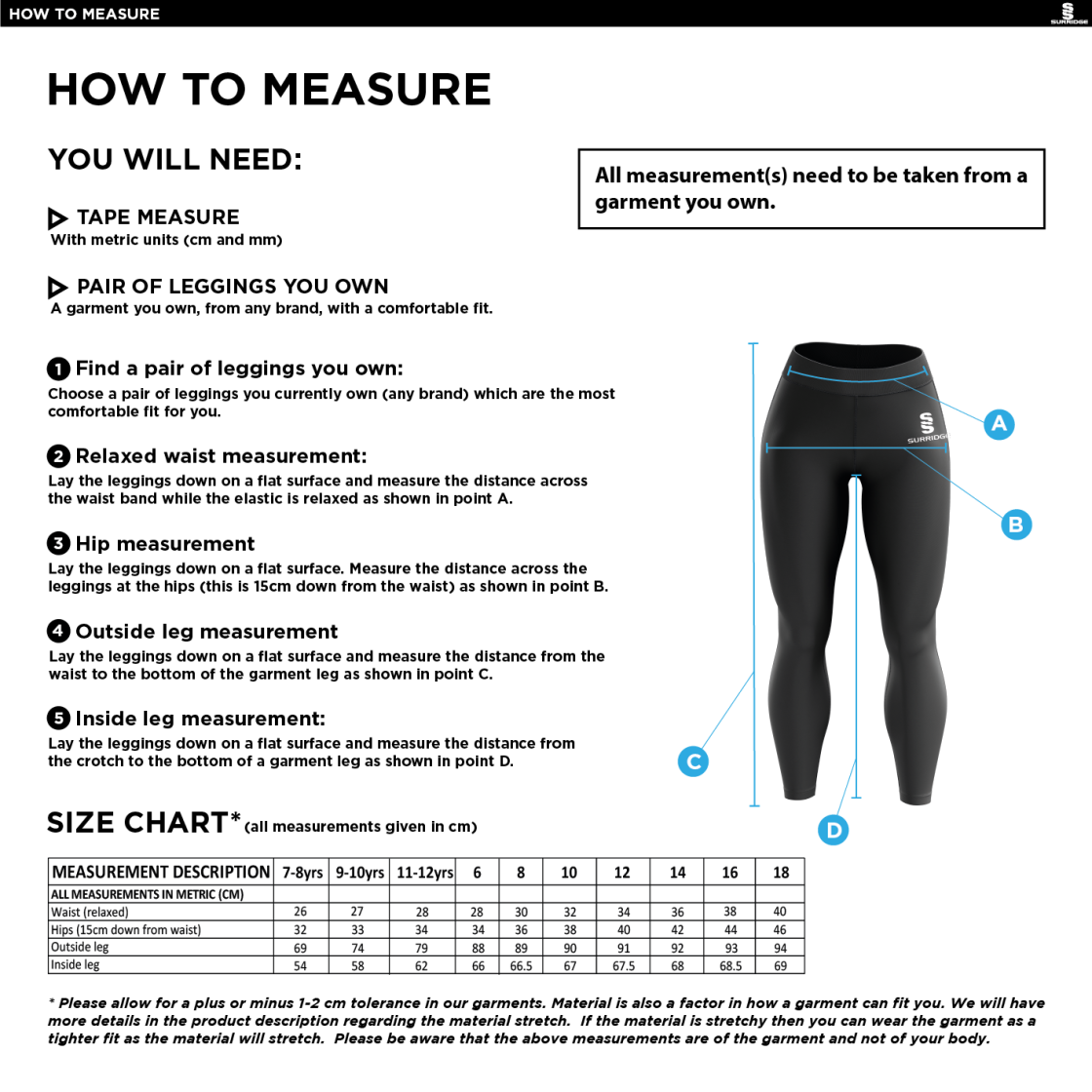 Gloucester Ladies Netball Full Length Leggings - Size Guide