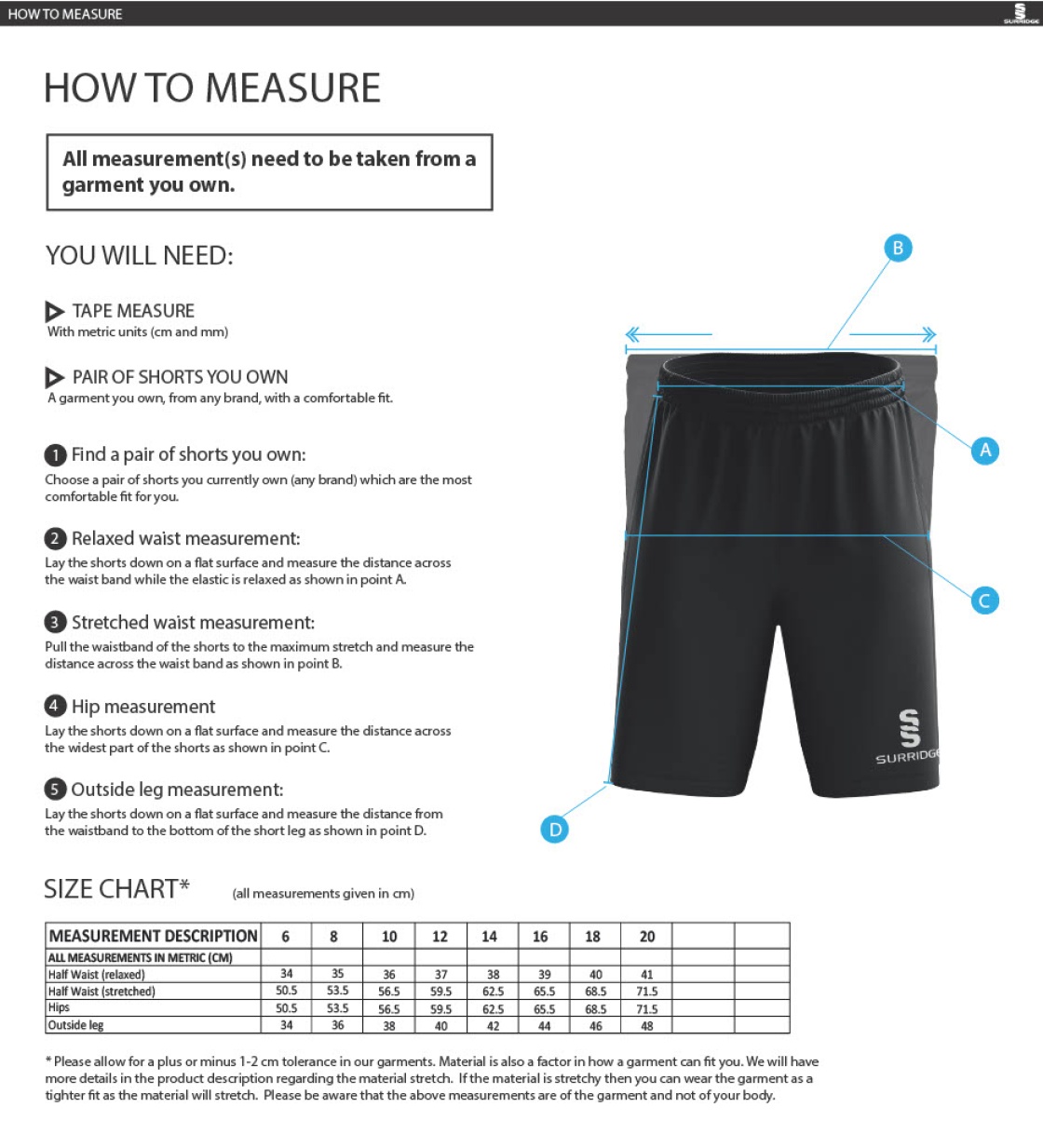 Gloucester Ladies Netball Ripstop Shorts - Size Guide