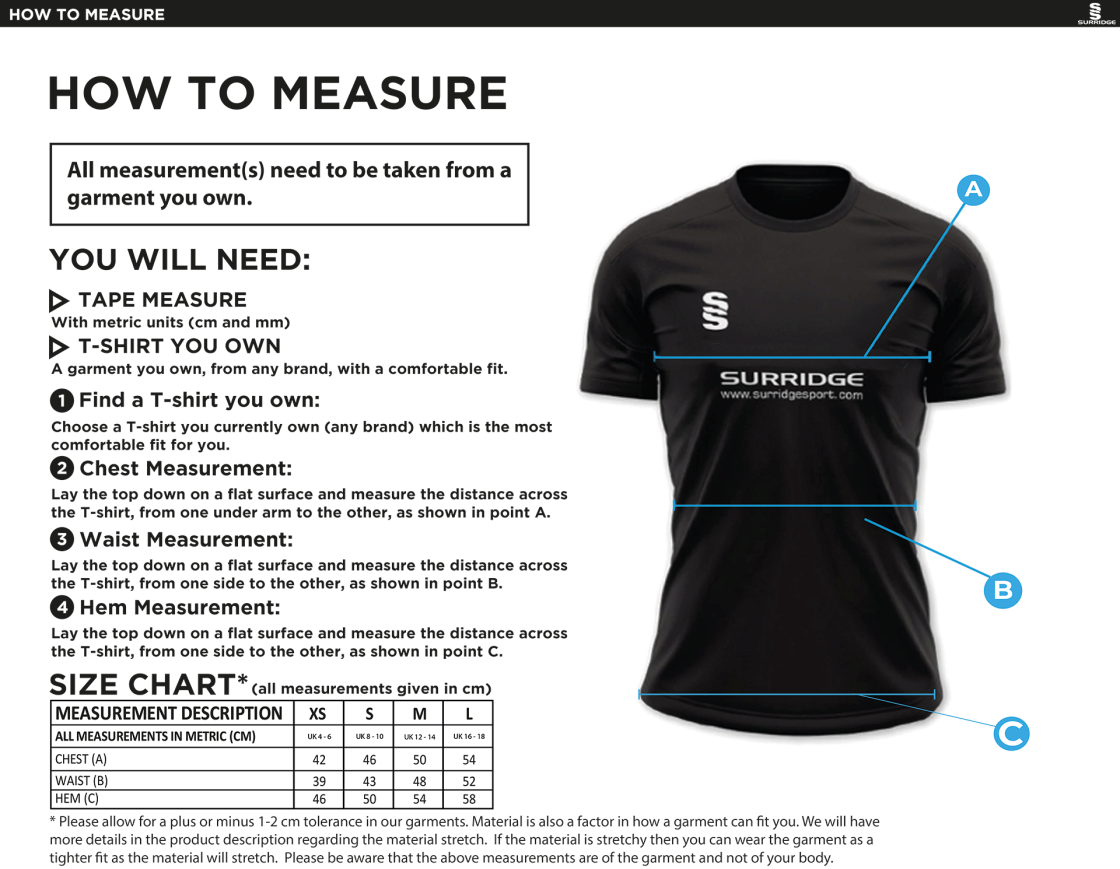 Gloucester Ladies Netball Games Shirt - Size Guide