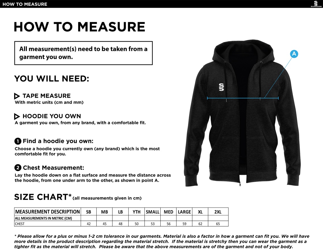 Gloucester Ladies Netball Full Zip Hoody - Size Guide