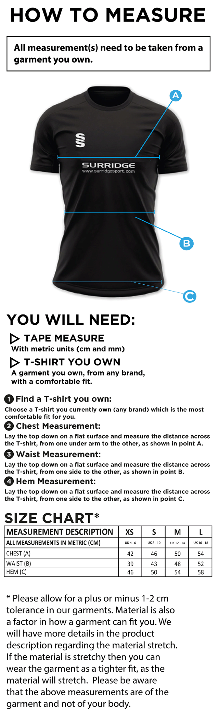 Gloucester Ladies Netball Games Shirt - Size Guide